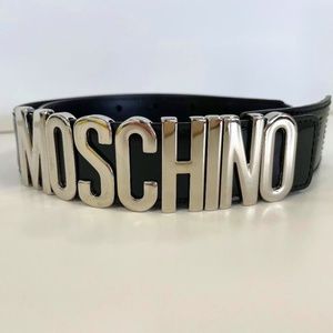 MOSCHINO Authentic Silver/Black Leather Logo Belt;